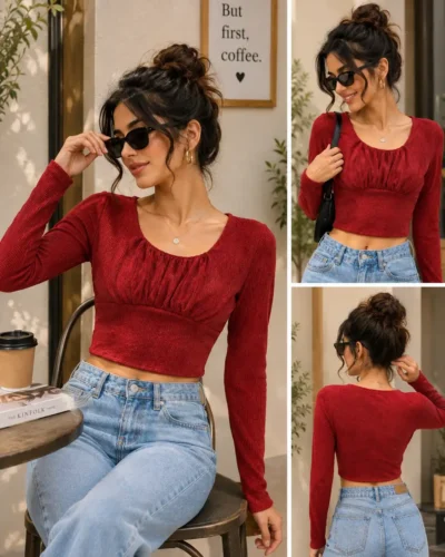 Long Sleeve Textured Crop Top