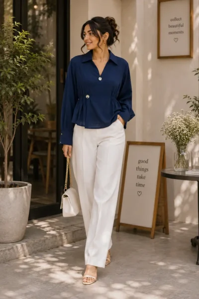 Long Sleeve Textured Regular Top/S-L/Blue