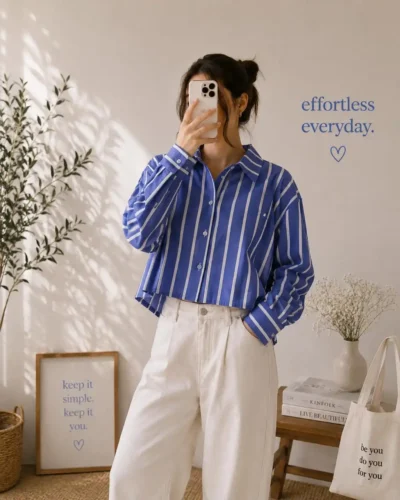 Long SLV Cotton STRP CAS Crop Shirt