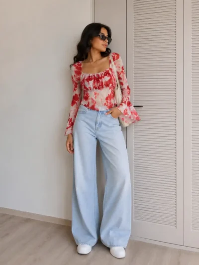 Printed Mesh Bell Crop Top