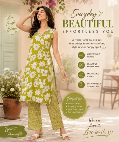 V Neck Floral HS Long Kurti Pant Set