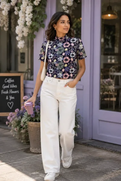 Floral Print Short Sleeve Crop Top