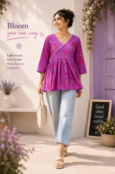 Floral print angrakha short kurti