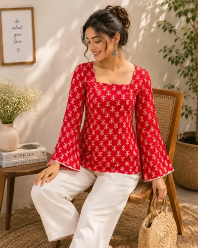 Bagru print bells kaudi straight short kurti